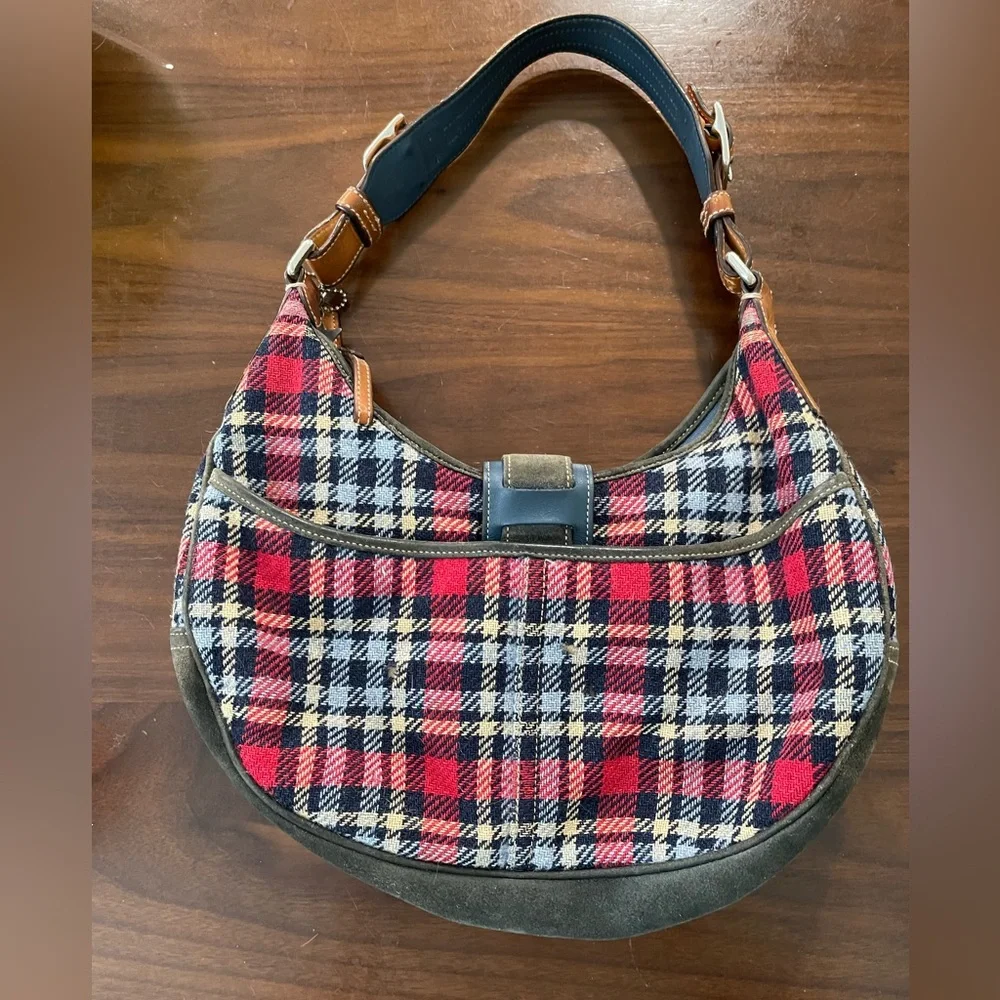 Coach Vintage Tartan Red Plaid Buckle Charm Shoulder Bag Suede - Picture 2 of 10
